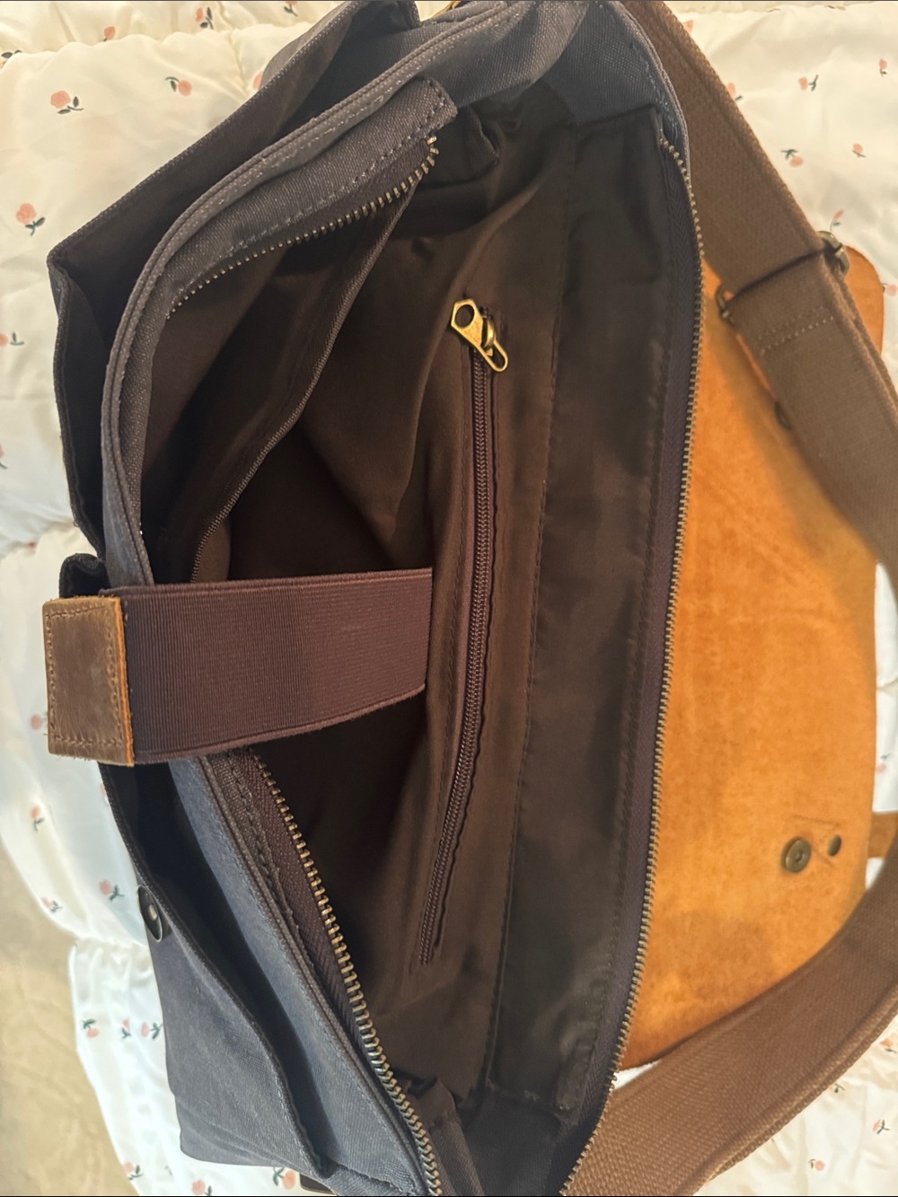 Canvas Messenger Bag with Leather Flap and trim- Brown and Charcoal - Picture 5 of 6
